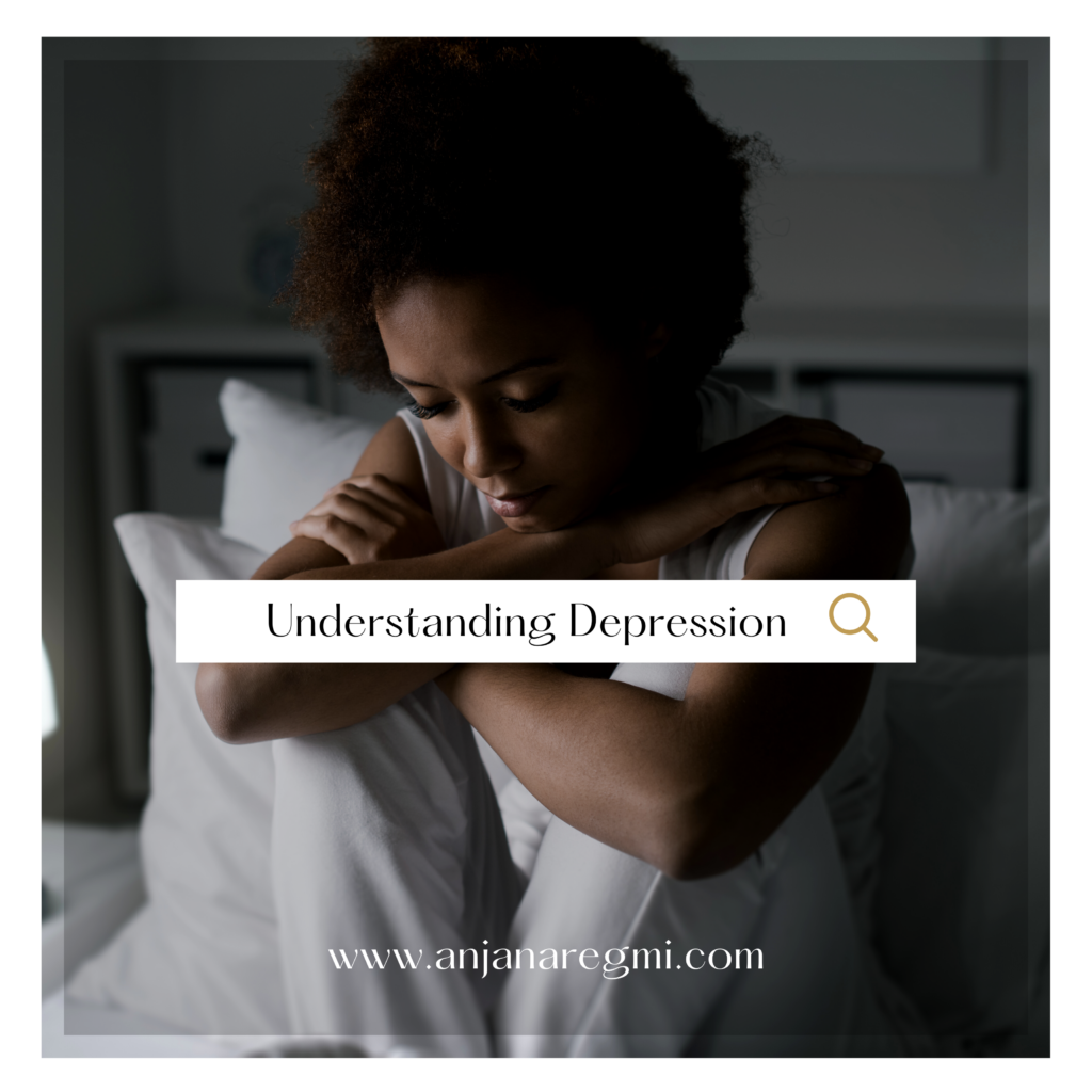 Image showing a woman sitting in a sad position that shows understanding depression text