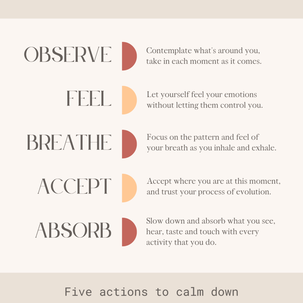 Image showing five actions to calm down - observe, feel, breathe, accept and absorb